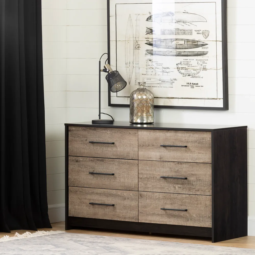 Bureau double 6 tiroirs Londen - Noir antiqué et Chêne vieilli South Shore