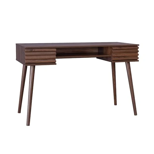 sweeek - Bureau Effet Bois 2 tiroirs MADERE Noyer. 1 casier. façade rainurées. 120 x 55 x 76.5 cm