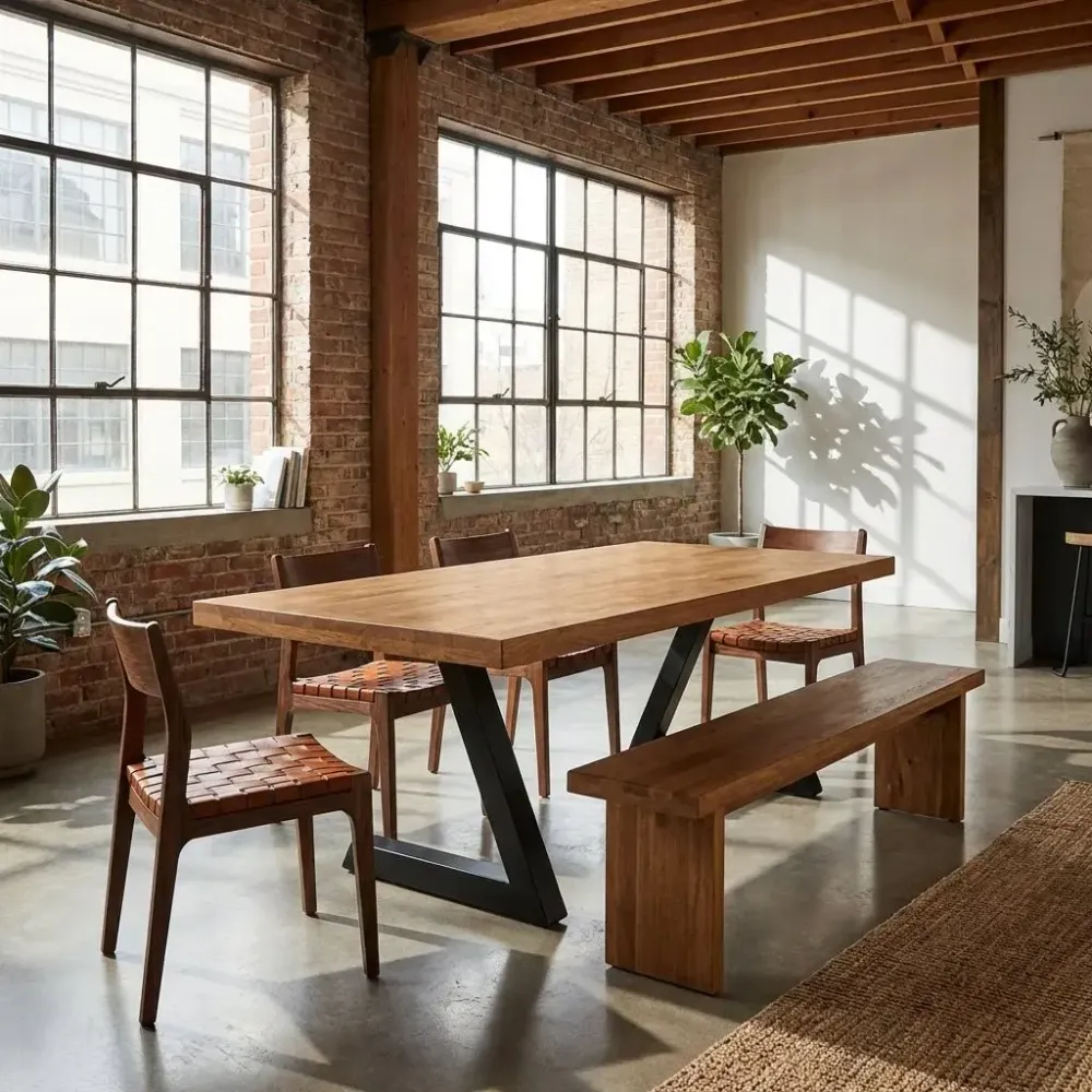 Table ou bureau en bois de manguier et patte en L acier noir