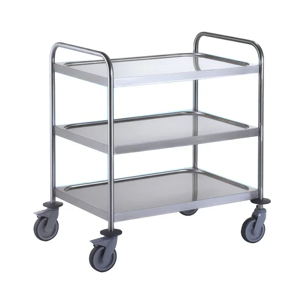 3 Tier Stainless Steel Rectangular Trolley – 304 Grade Dished Shelves & Braked Castors