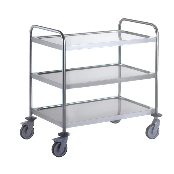 3 Tier Stainless Steel Rectangular Trolley – 304 Grade Dished Shelves & Braked Castors
