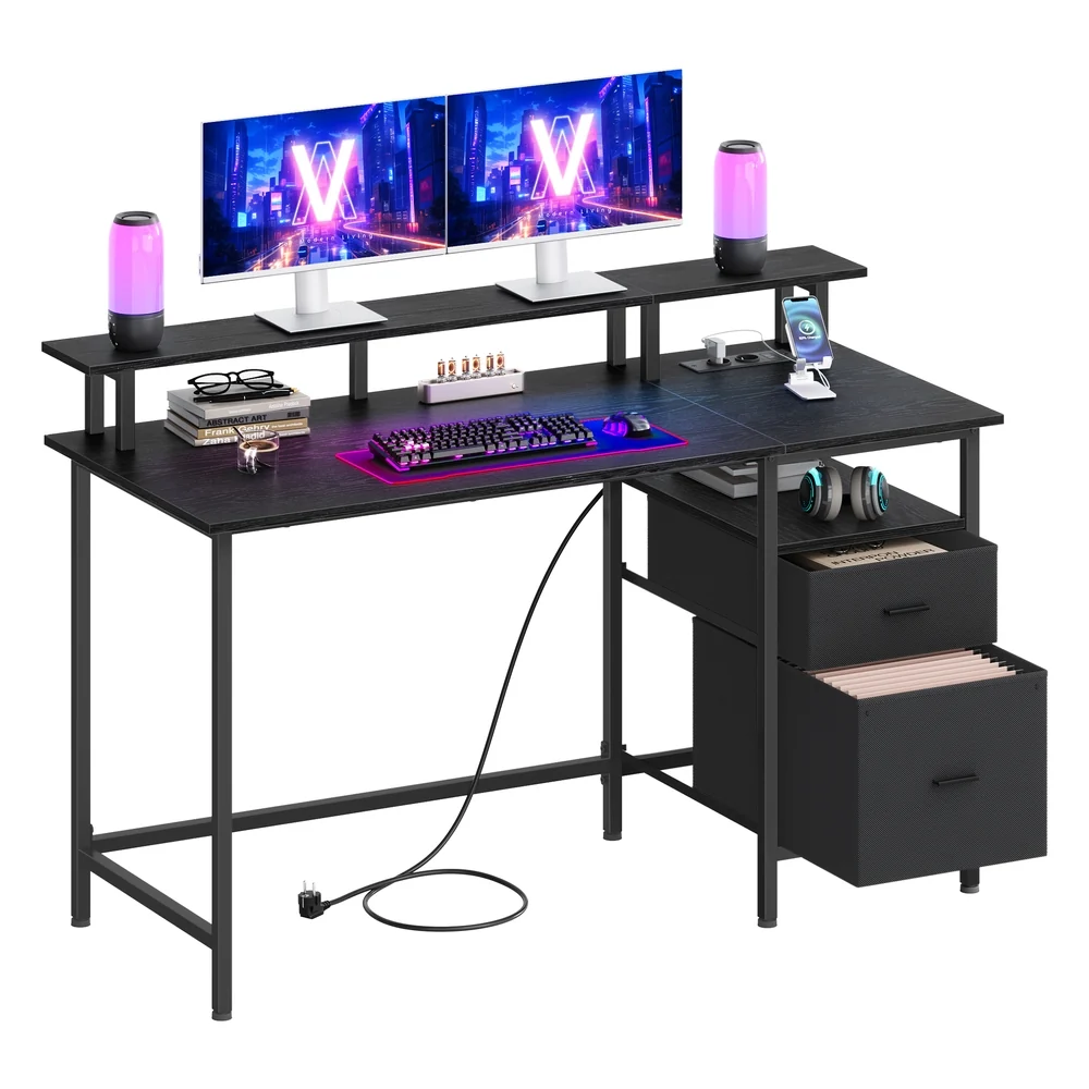 Bureau gaming avec lumières led et multiprise 2 tiroirs 2 ports usb VASAGLE