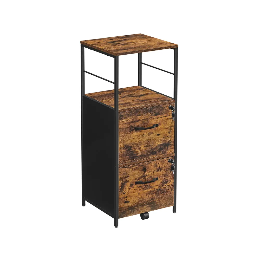 Caisson de bureau 2 tiroirs marron rustique et noir VASAGLE