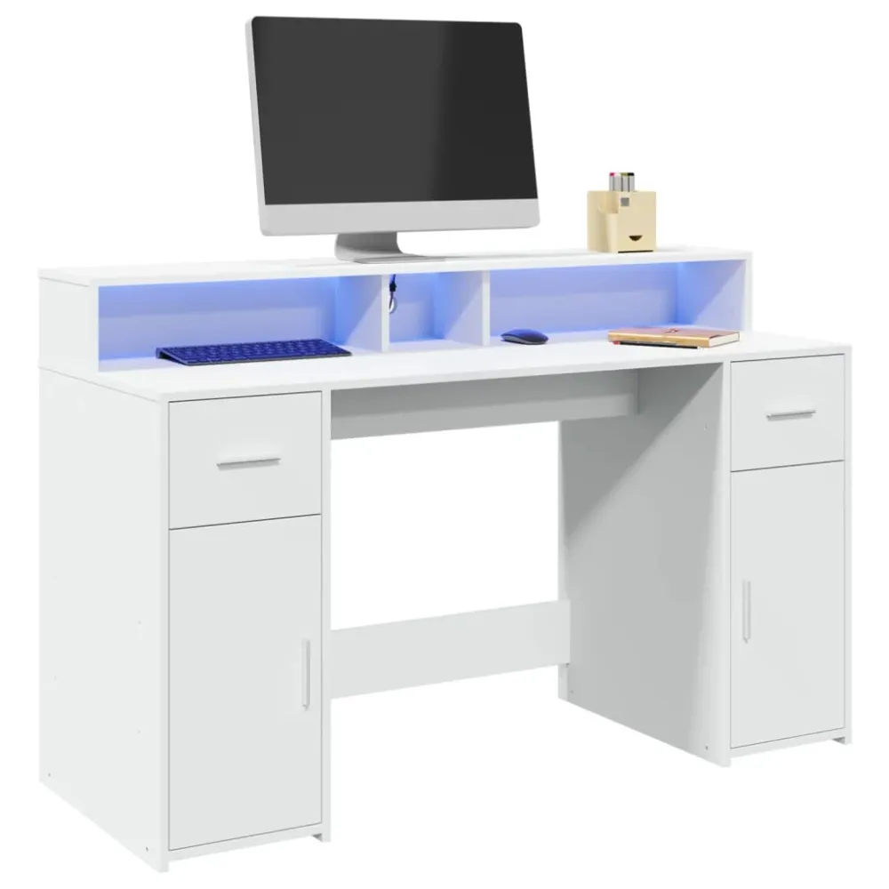 vidaXL Bureau avec lumières LED blanc 140x55x91 cm bois d'ingénierie