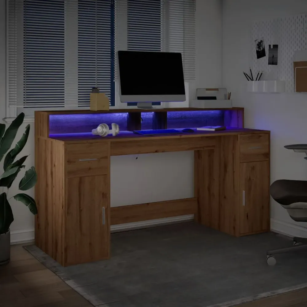 vidaXL Bureau avec lumières LED chêne artisanal bois d'ingénierie