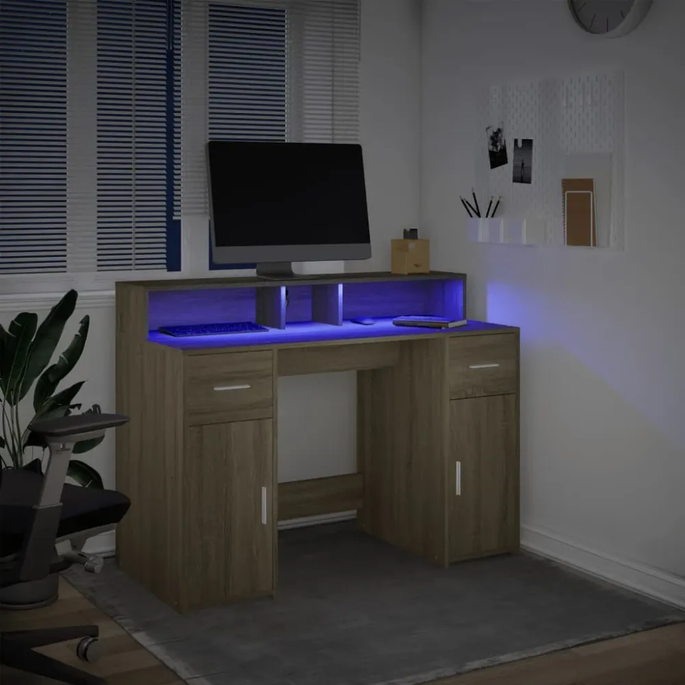 vidaXL Bureau avec lumières LED chêne sonoma bois d'ingénierie