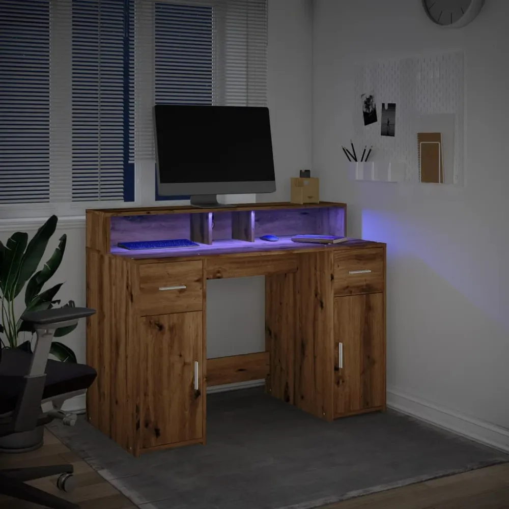 vidaXL Bureau avec lumières LED chêne artisanal bois d'ingénierie