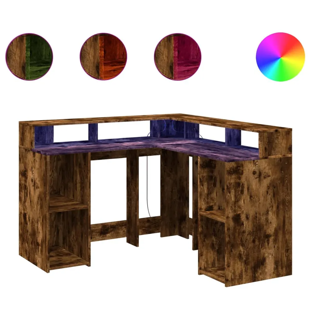 Bureau et lumières LED chêne fumé 130x130x91cm bois ingénierie vidaXL