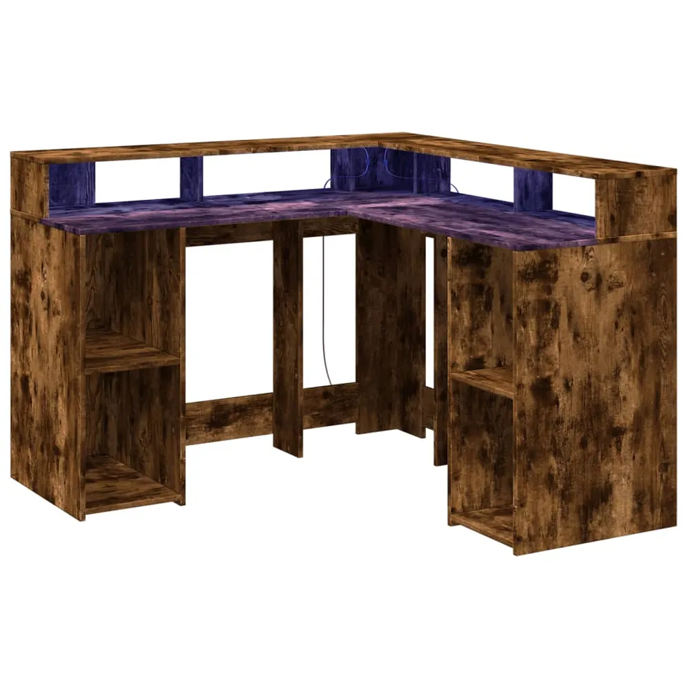 Bureau et lumières LED chêne fumé 130x130x91cm bois ingénierie vidaXL