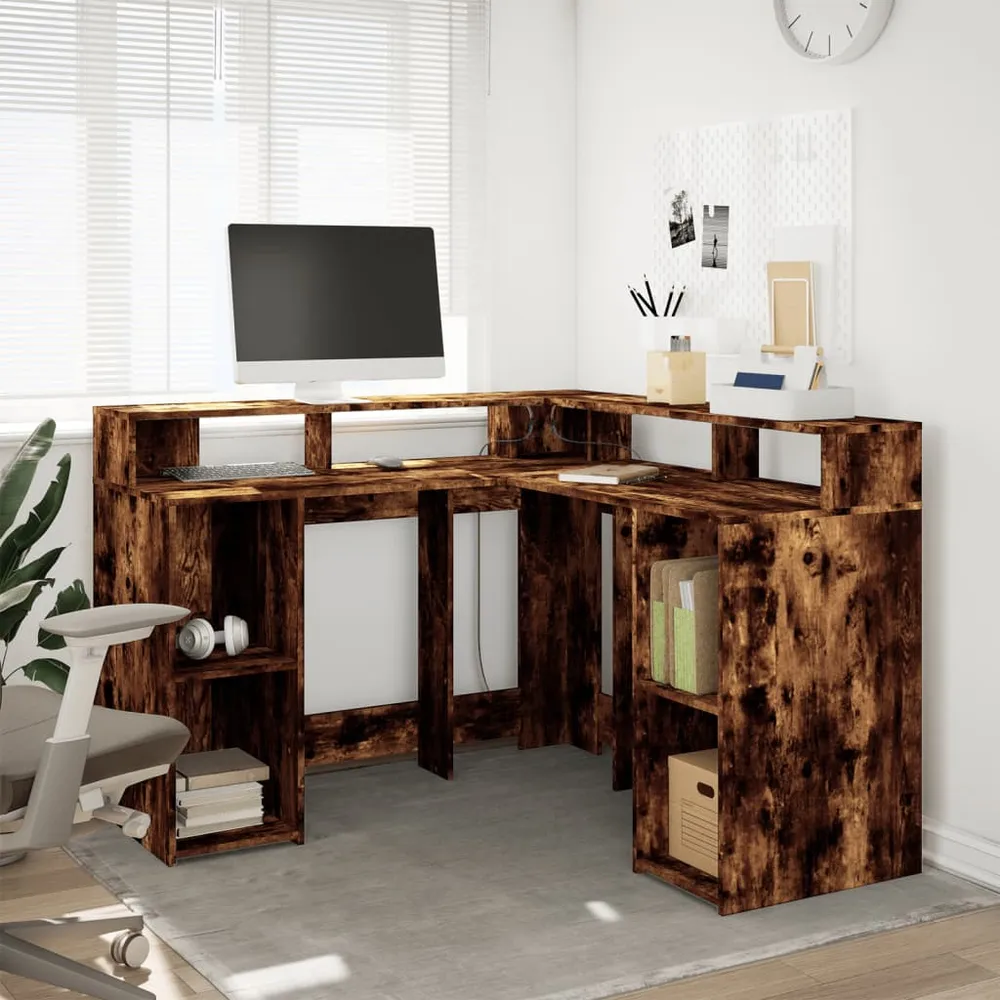 Bureau et lumières LED chêne fumé 130x130x91cm bois ingénierie vidaXL