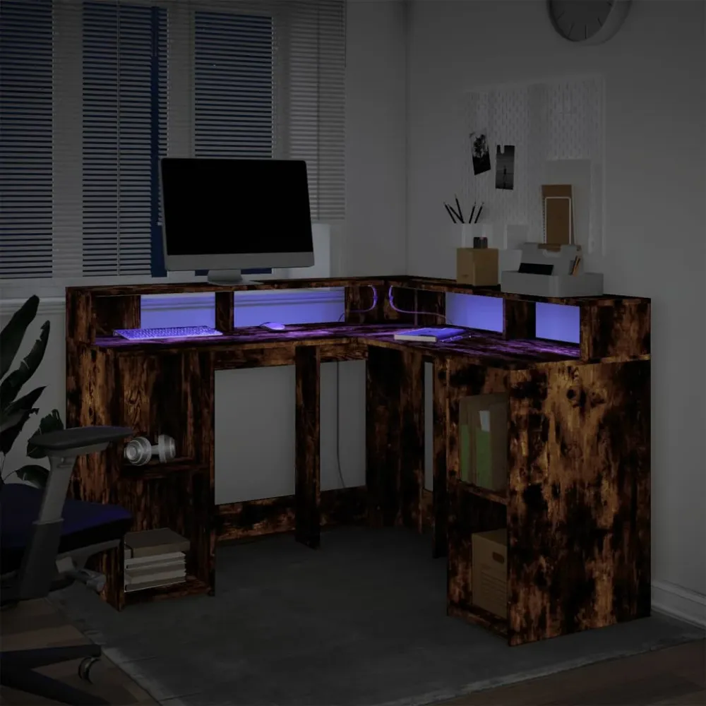 Bureau et lumières LED chêne fumé 130x130x91cm bois ingénierie vidaXL