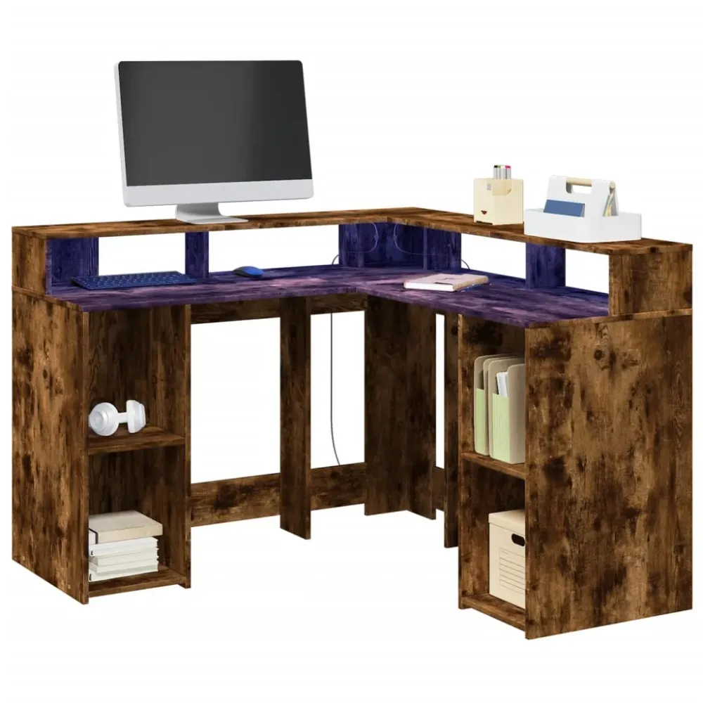 vidaXL Bureau et lumières LED chêne fumé 130x130x91cm bois ingénierie