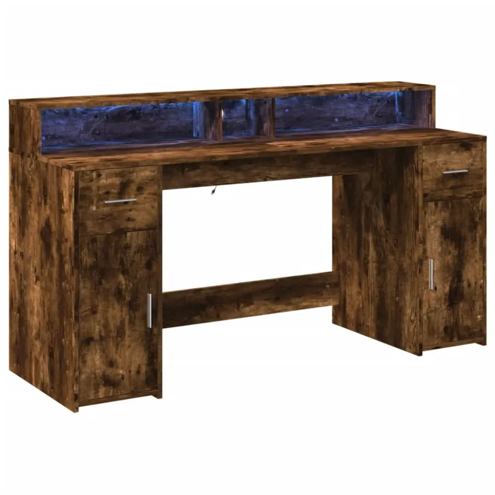vidaXL Bureau et lumières LED chêne fumé 160x55x91cm bois d'ingénierie