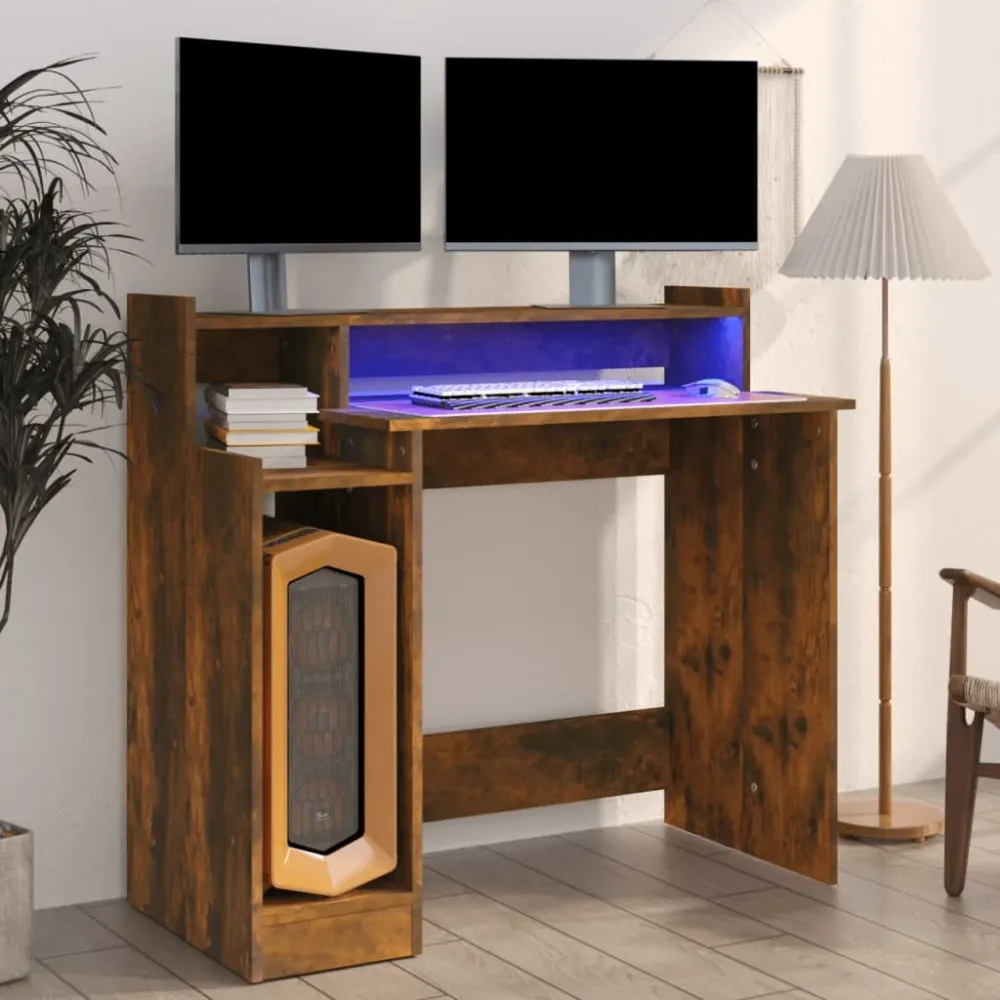 vidaXL Bureau et lumières LED Chêne fumé 97x45x90 cm Bois d'ingénierie