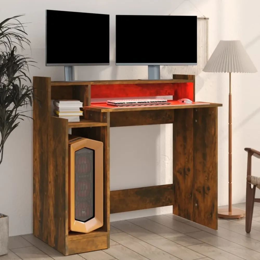 vidaXL Bureau et lumières LED Chêne fumé 97x45x90 cm Bois d'ingénierie