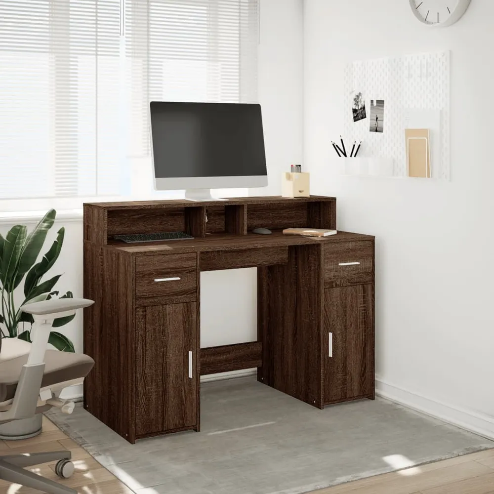 vidaXL Bureau et lumières LED chêne marron bois d'ingénierie