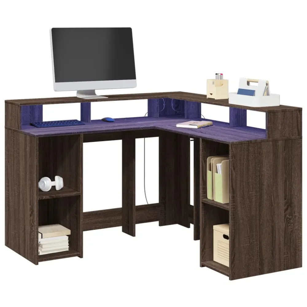 vidaXL Bureau et lumières LED chêne marron bois d'ingénierie
