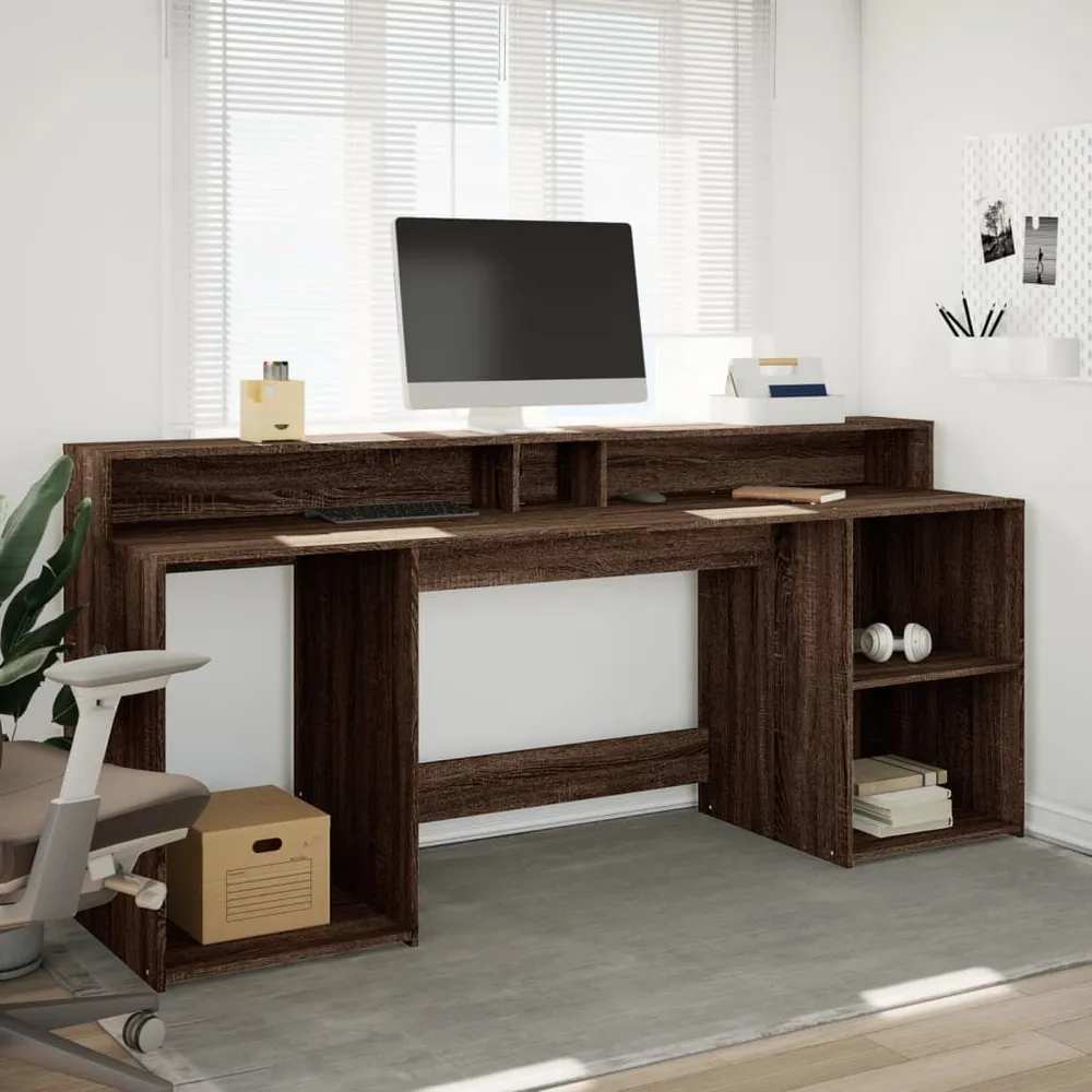 Bureau et lumières LED chêne marron bois d'ingénierie vidaXL