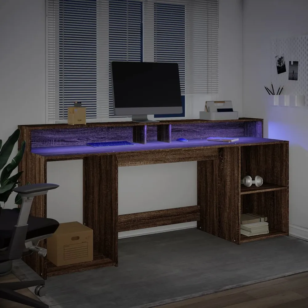Bureau et lumières LED chêne marron bois d'ingénierie vidaXL