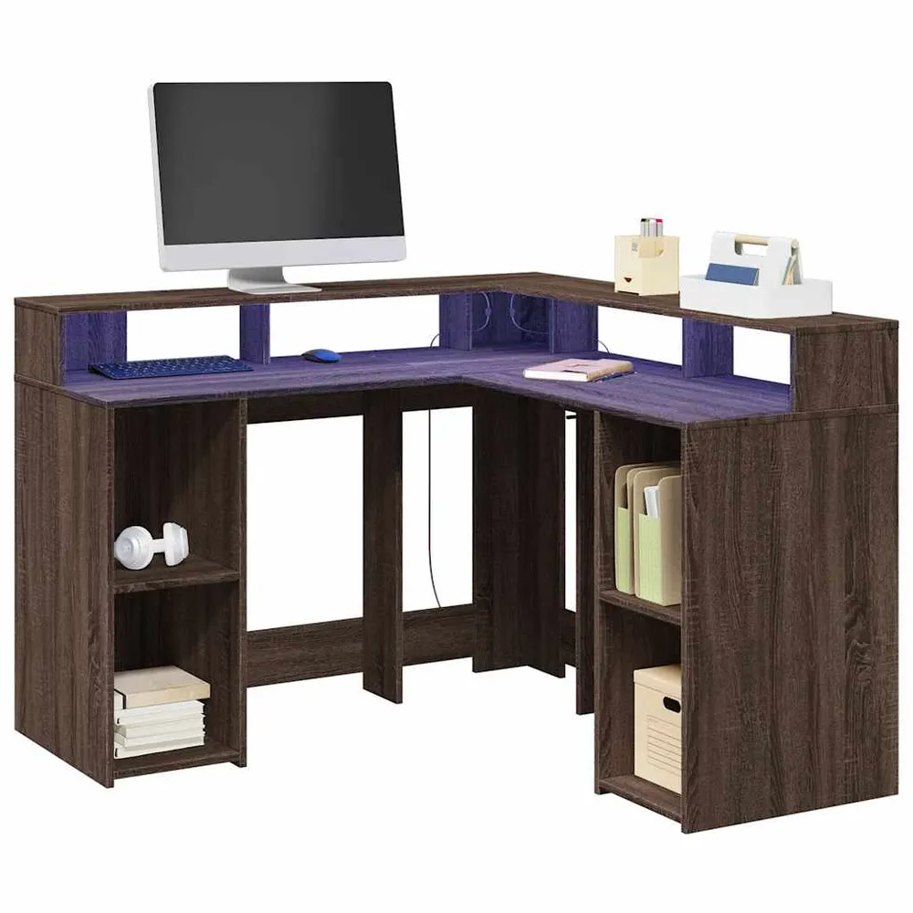 Bureau et lumières LED chêne marron bois d'ingénierie vidaXL