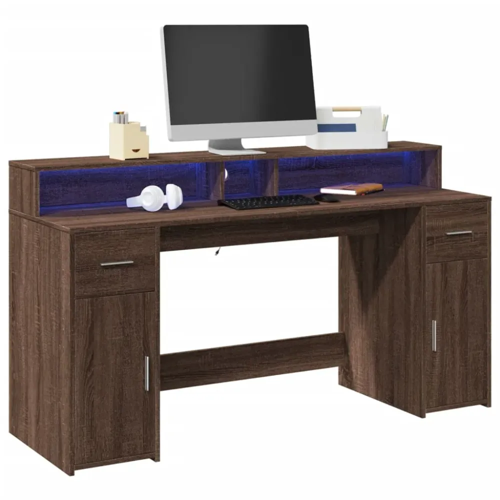 Bureau et lumières LED chêne marron bois d'ingénierie vidaXL