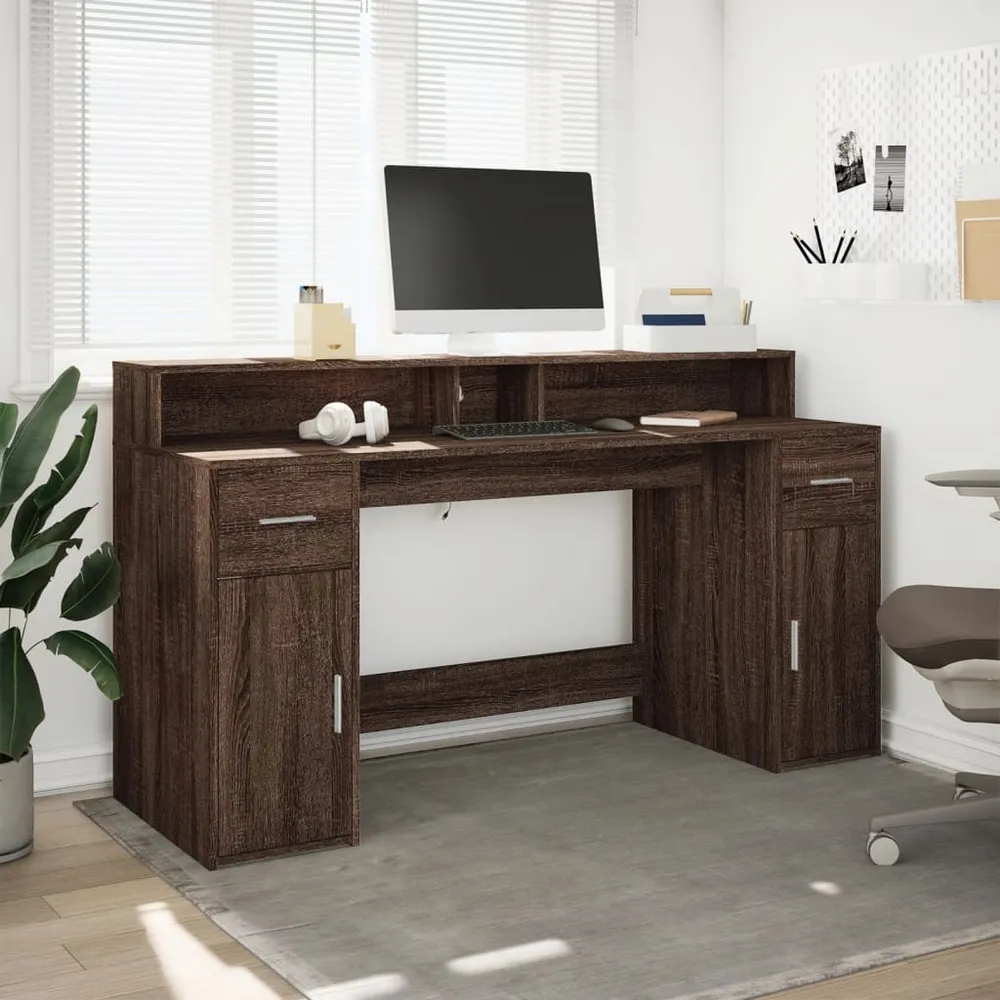 Bureau et lumières LED chêne marron bois d'ingénierie vidaXL