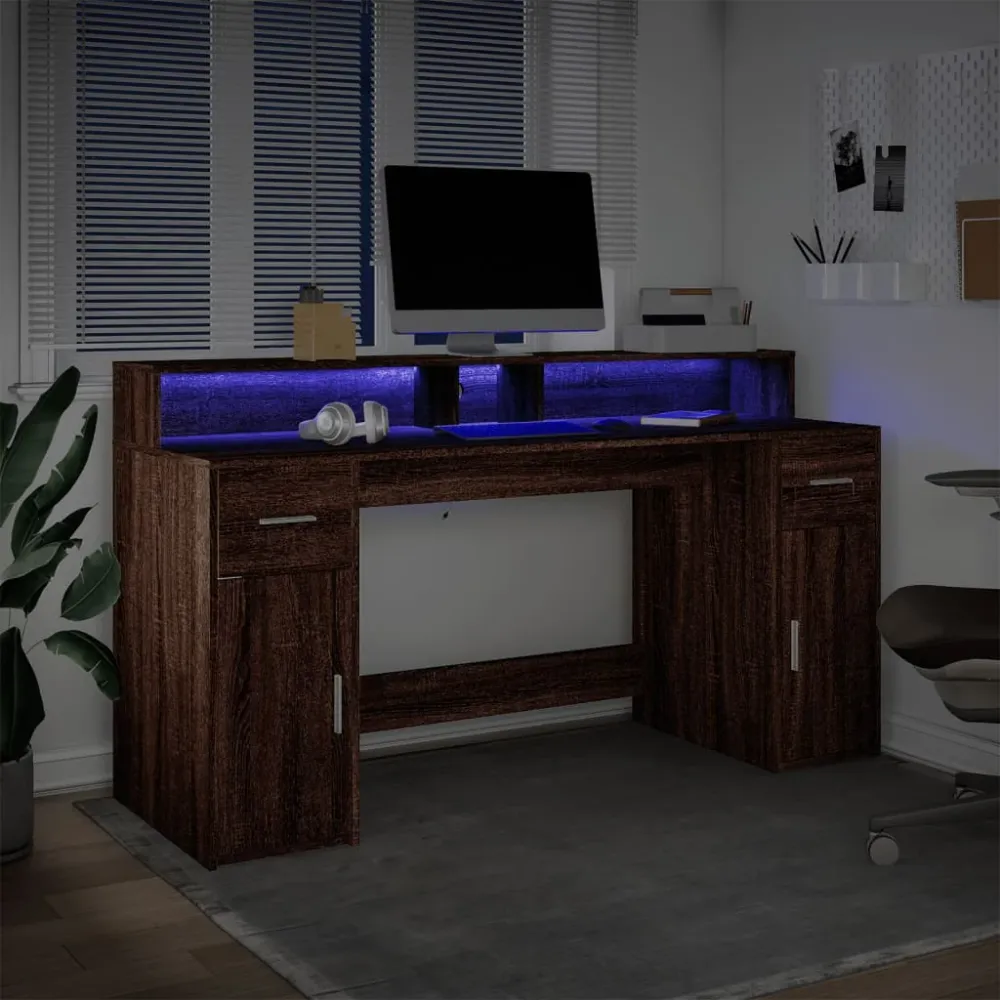 Bureau et lumières LED chêne marron bois d'ingénierie vidaXL
