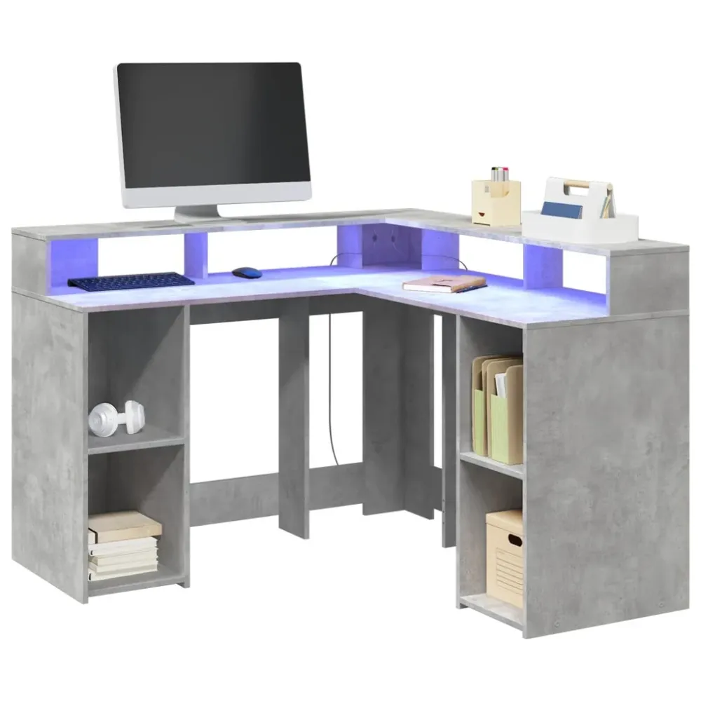 Bureau et lumières LED gris béton 130x130x91cm bois ingénierie vidaXL