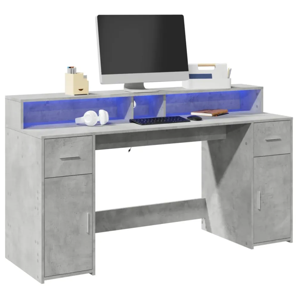vidaXL Bureau et lumières LED gris béton 160x55x91cm bois d'ingénierie