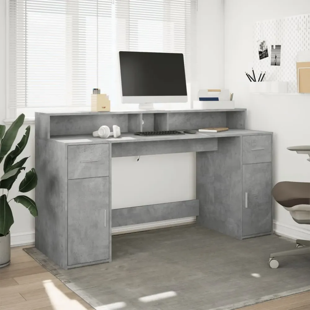 vidaXL Bureau et lumières LED gris béton 160x55x91cm bois d'ingénierie