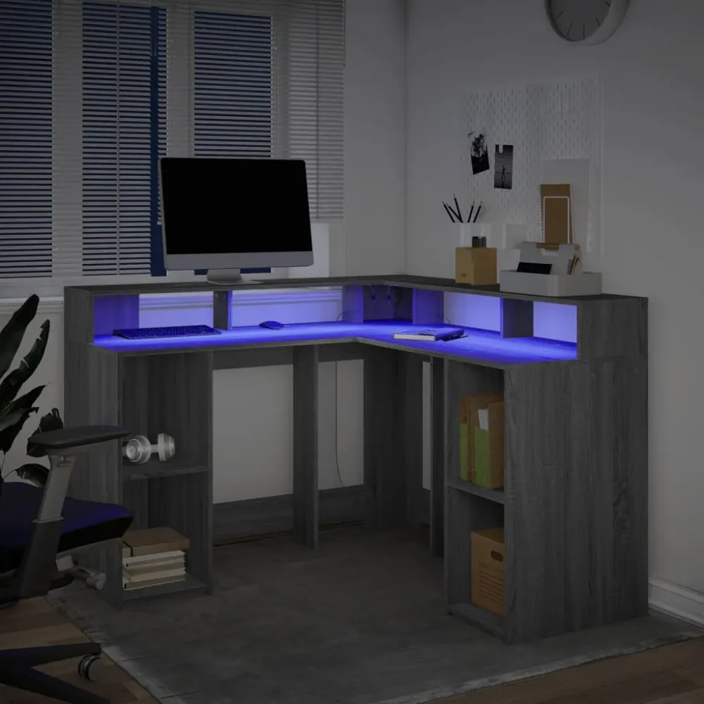 Bureau et lumières LED sonoma gris 130x130x91cm bois ingénierie vidaXL