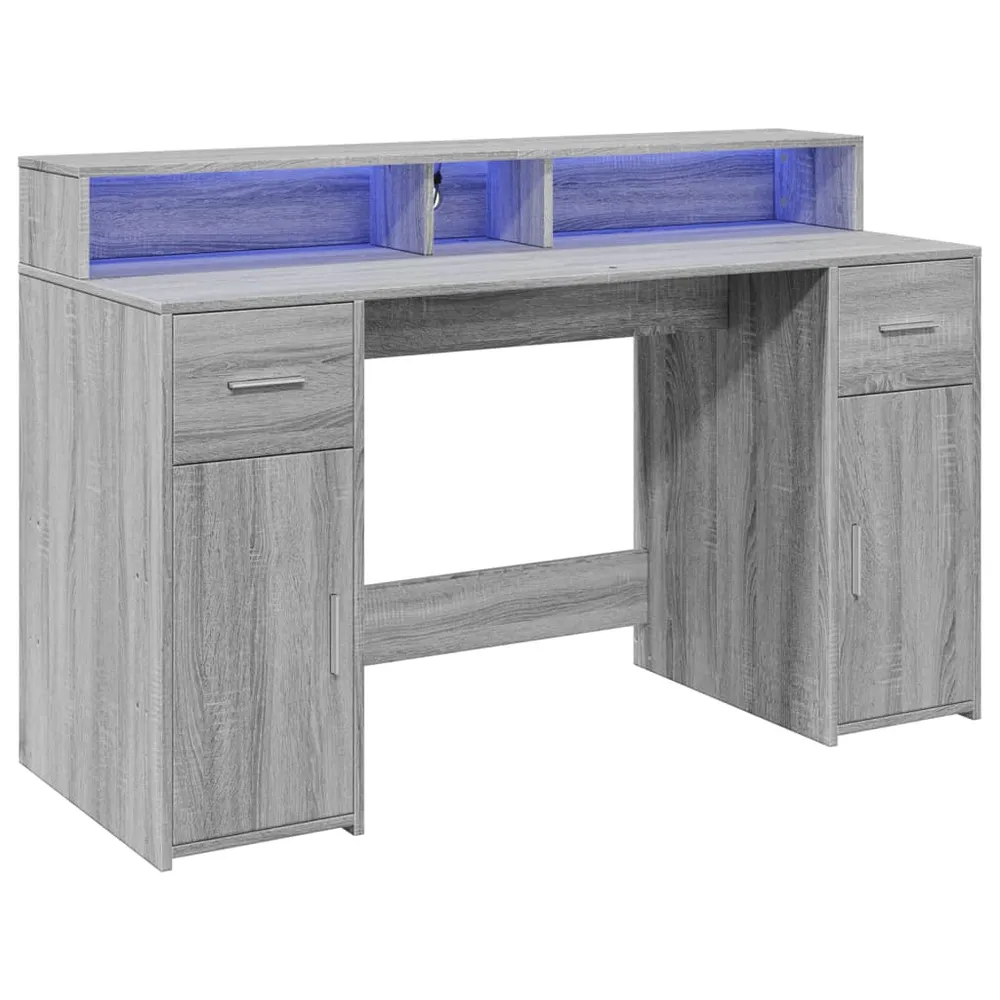 vidaXL Bureau et lumières LED sonoma gris 140x55x91 cm bois ingénierie