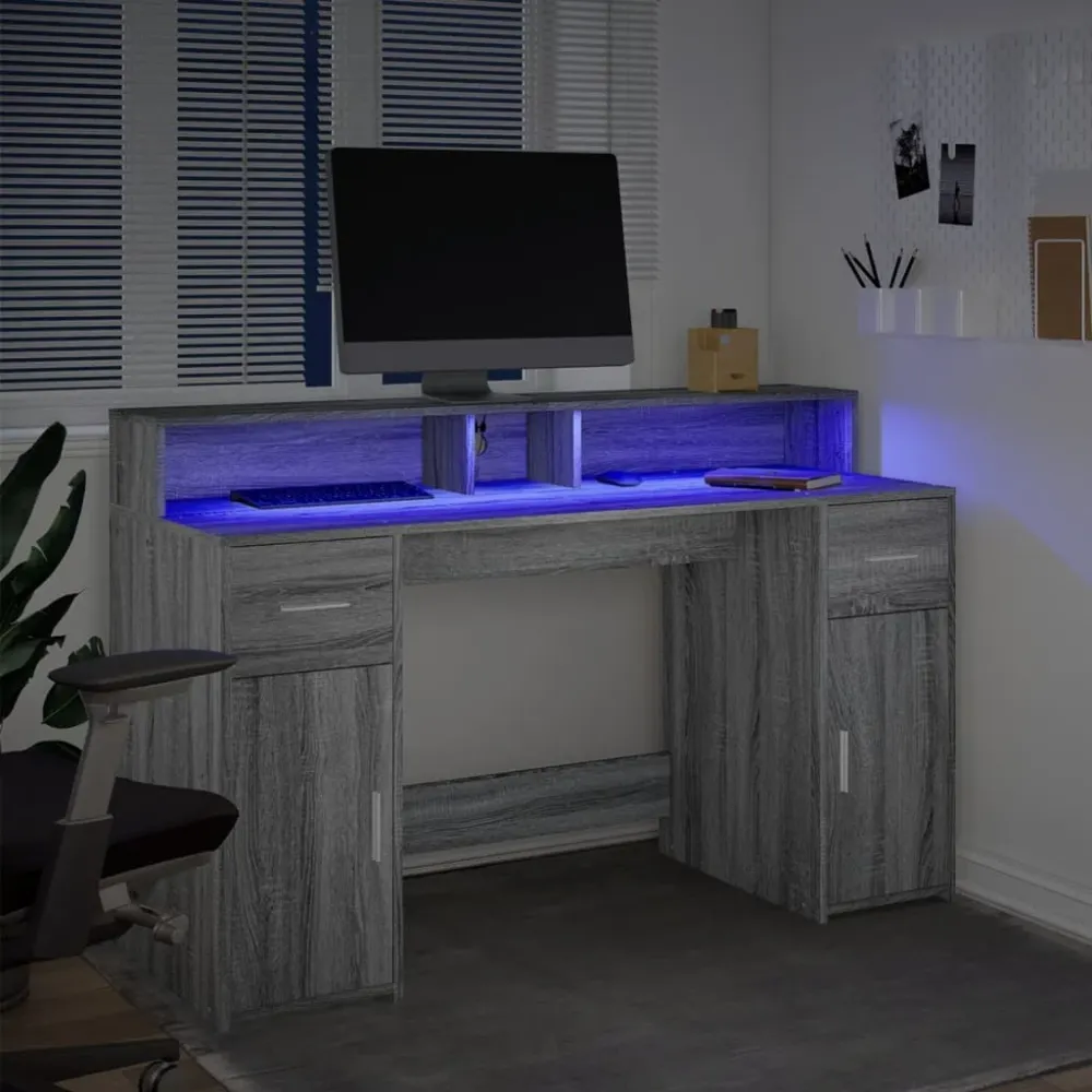 vidaXL Bureau et lumières LED sonoma gris 140x55x91 cm bois ingénierie