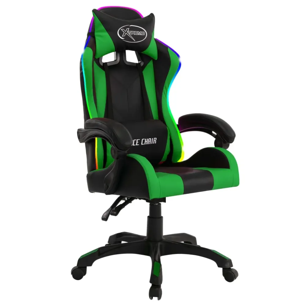 vidaXL Fauteuil de jeux vidéo avec LED RVB Vert et noir Similicuir