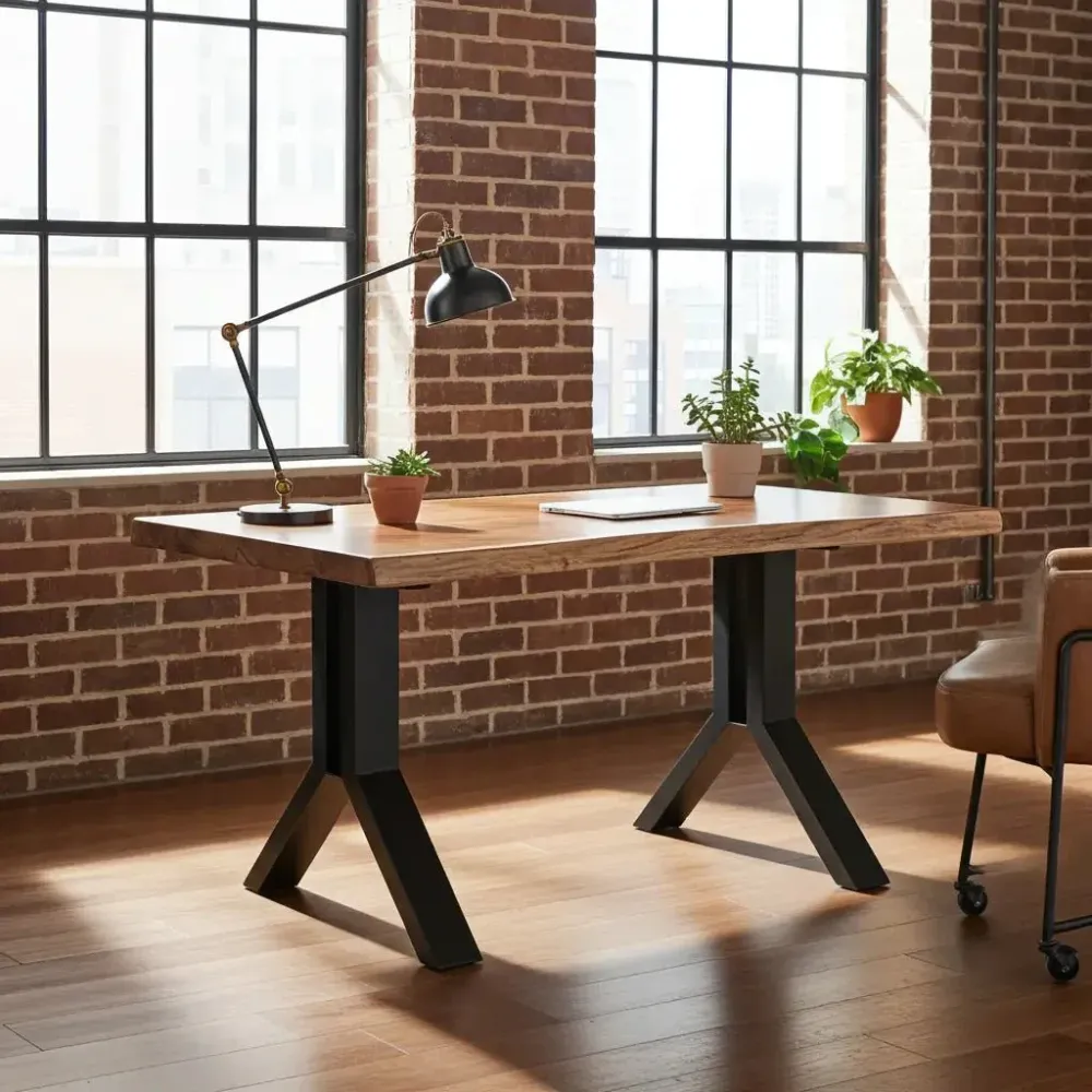 Bureau de Travail en Bois D'acacia massif sur patte en acier noir Vindus Furniture