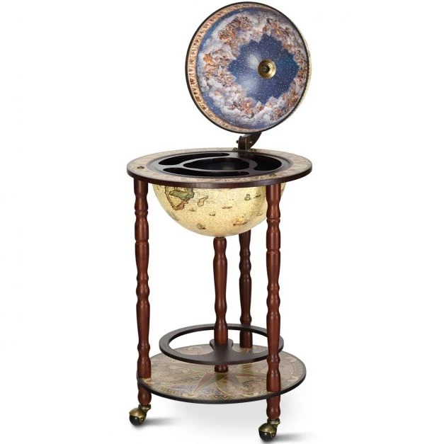 Bar globe terrestre mappemonde en bois d'eucalyptus style incontournable du 16e siècle, à roulettes 44,3 x 44,3 x 88 cm 20...
