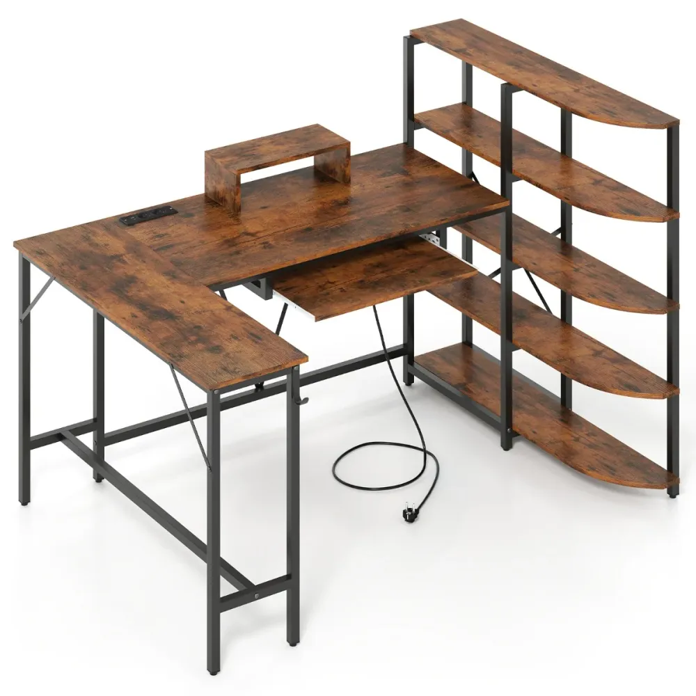 Bureau en L avec bibliothèque et station de charge 160 x 108 x 109,5 cm ergonomique contemporain en bois d'ingénierie marr...