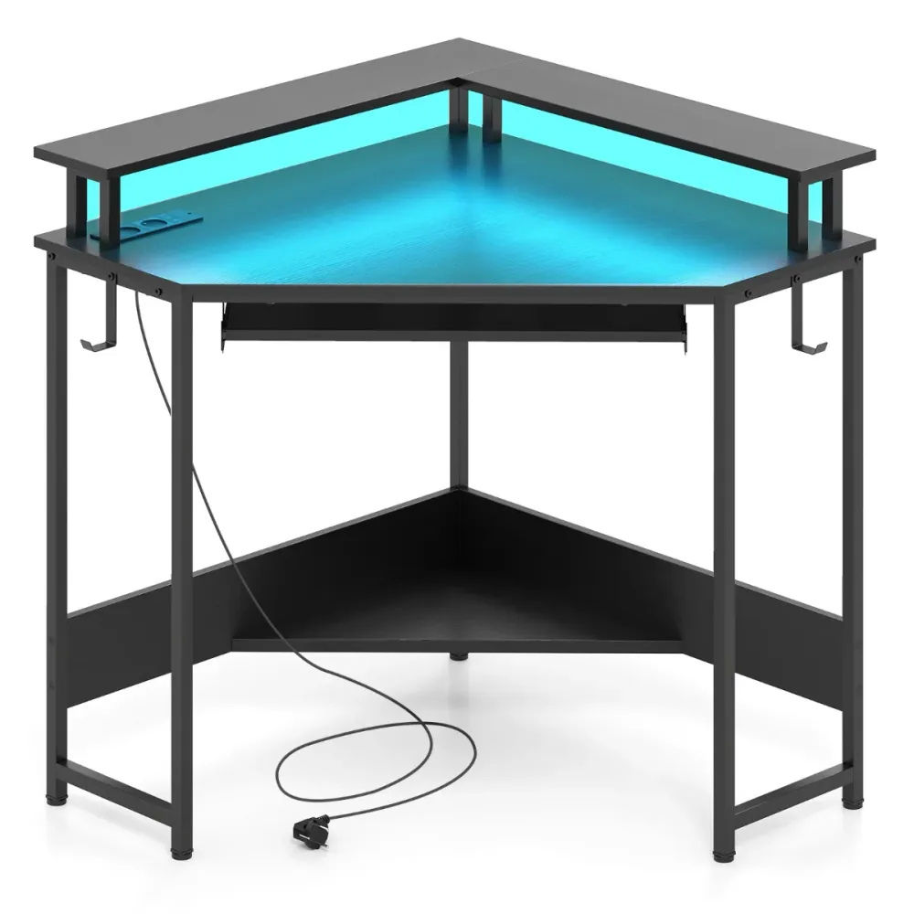 Bureau d'angle 80 x 80 x 88 cm avec station de charge intégrée et support de moniteur design en bois d'ingénierie noir 20_...