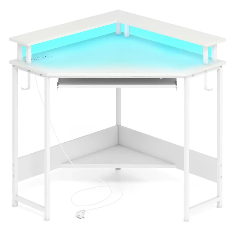 Bureau d'angle 80 x 80 x 88 cm avec station de charge intégrée et support pour écran style actuel en bois d'ingénierie bla...