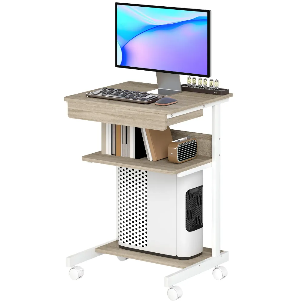 Bureau d'ordinateur sur roues, bureau avec rangement 56 x 51 cm avec tiroir, compartiment et support CPU, table informatiq...