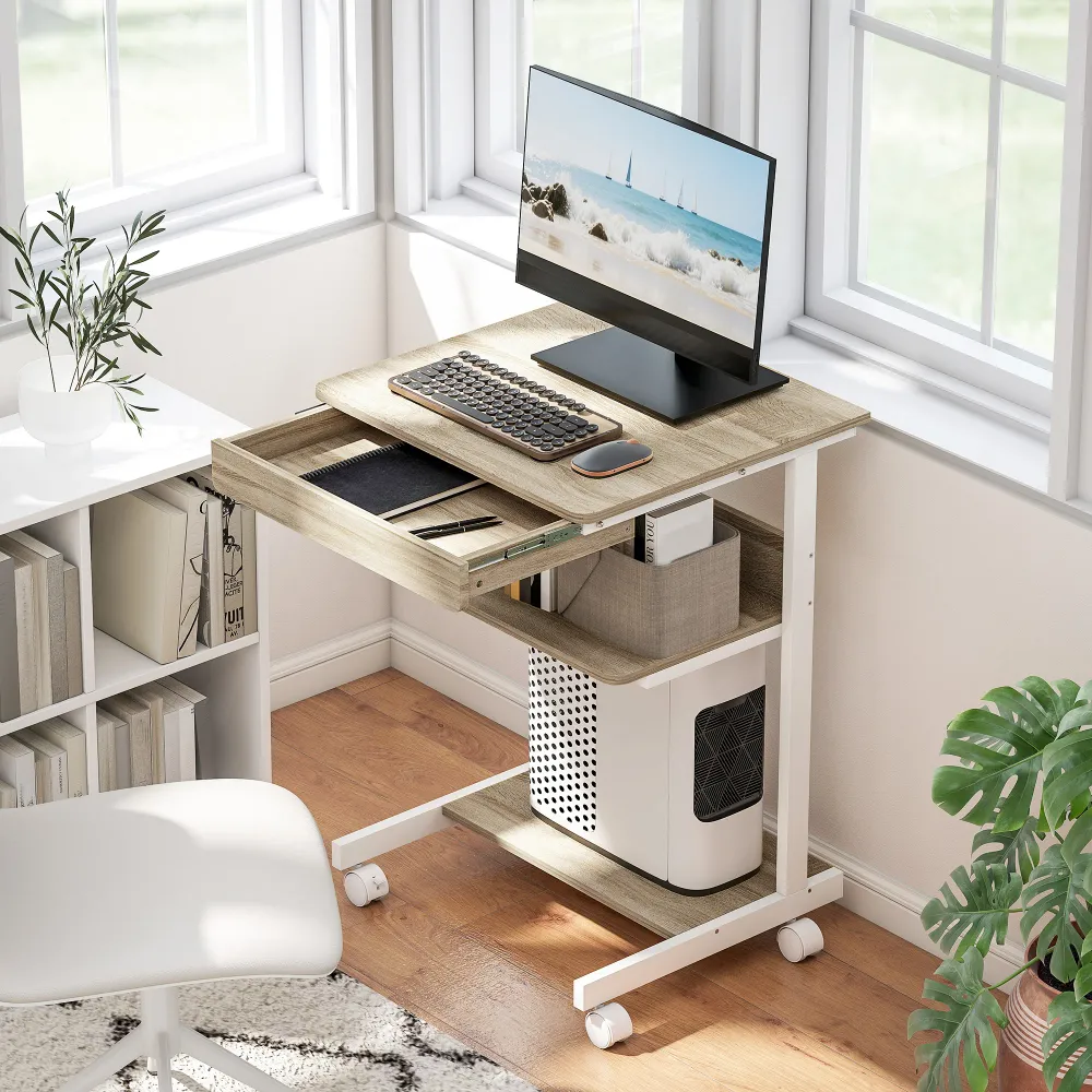 Bureau d'ordinateur sur roues, bureau avec rangement 56 x 51 cm avec tiroir, compartiment et support CPU, table informatiq...