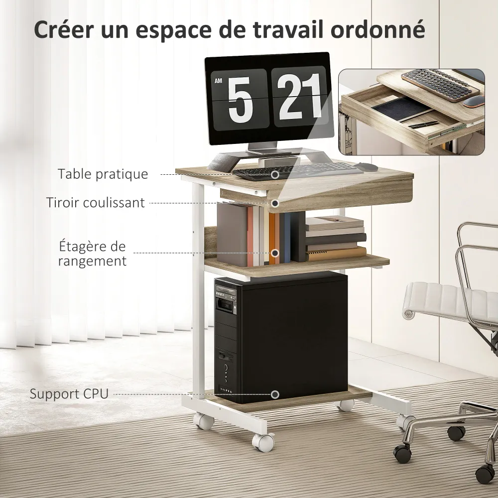 Bureau d'ordinateur sur roues, bureau avec rangement 56 x 51 cm avec tiroir, compartiment et support CPU, table informatiq...