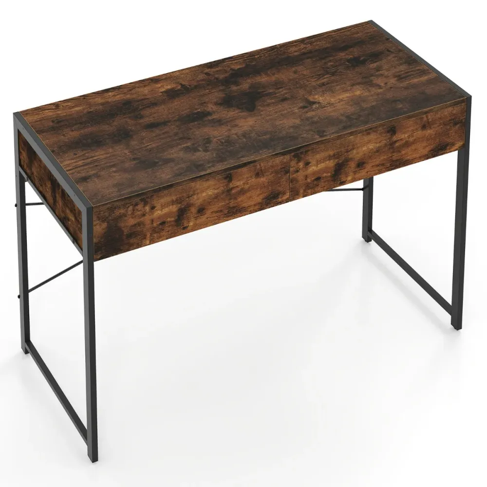 Bureau informatique petit avec 2 tiroirs 111 x 48 x 76 cm rangement ample moderne en bois manufacturé brun rustique 20_001...