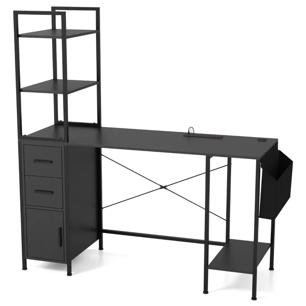 Bureau moderne 145 x 50 x 147,5 cm avec éclairage led personnalisable et station de charge ambiance cosy en bois d'ingénie...
