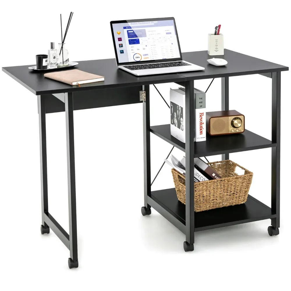 Bureau pliable pour ordinateur table de travail contemporain avec 2 étagères de rangement table pour ordinateur portable a...