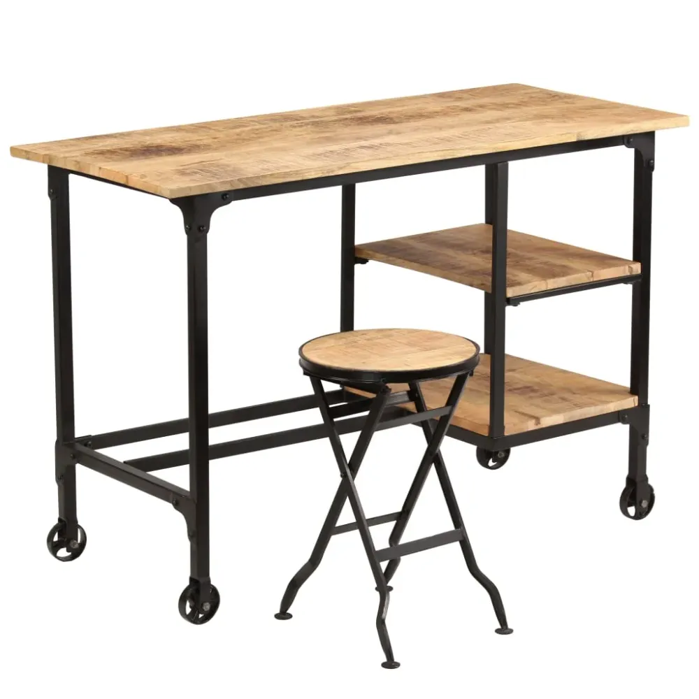 Bureau table poste de travail meuble d'ordinateur informatique étude avec tabouret pliant bois de manguier massif 115 x 50...