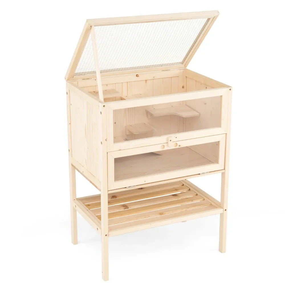 Cage pour hamster 60 x 40 x 80 cm avec zones multi-échelles et rack de rangement récent en bois marron 20_0010989