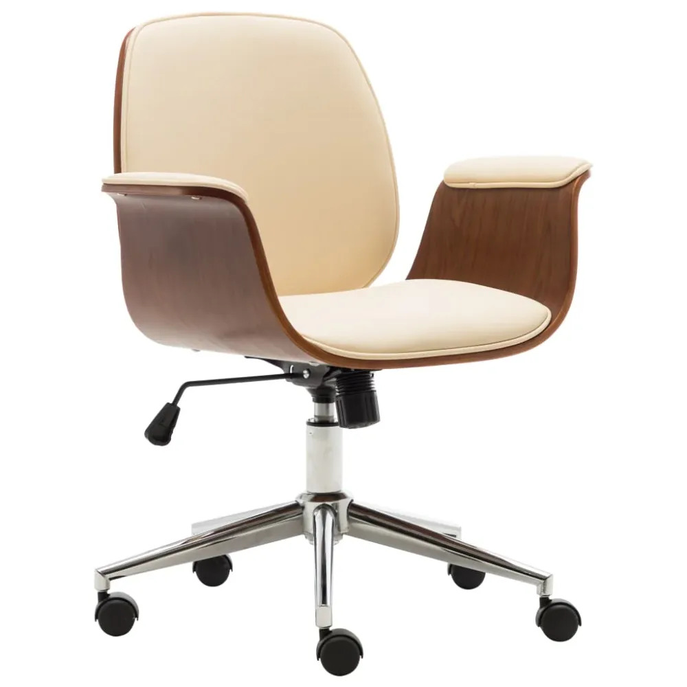 Chaise fauteuil siège de bureau informatique étude bois courbé et similicuir crème 02_0023998