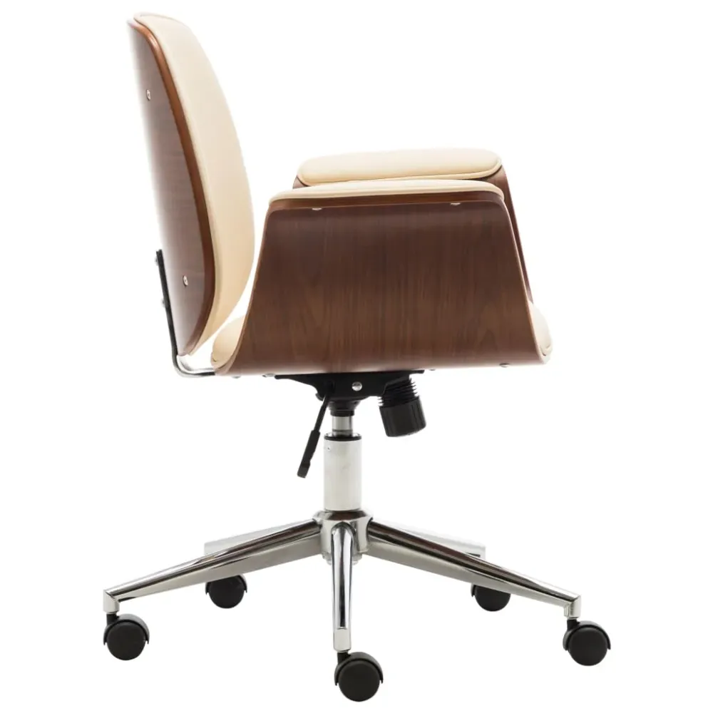 Chaise fauteuil siège de bureau informatique étude bois courbé et similicuir crème 02_0023998