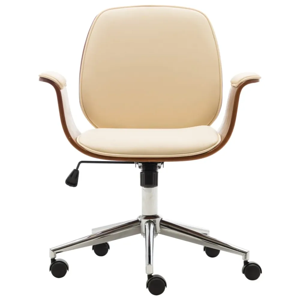 Chaise fauteuil siège de bureau informatique étude bois courbé et similicuir crème 02_0023998